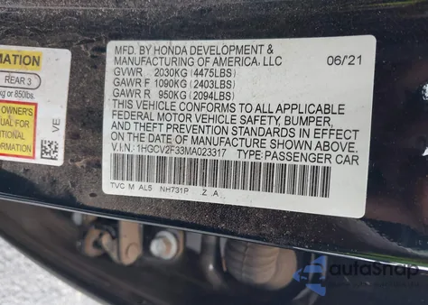 2021 Honda Accord Sport 2.0T z USA, uszkodzony, nr VIN 1HGCV2F33MA023317